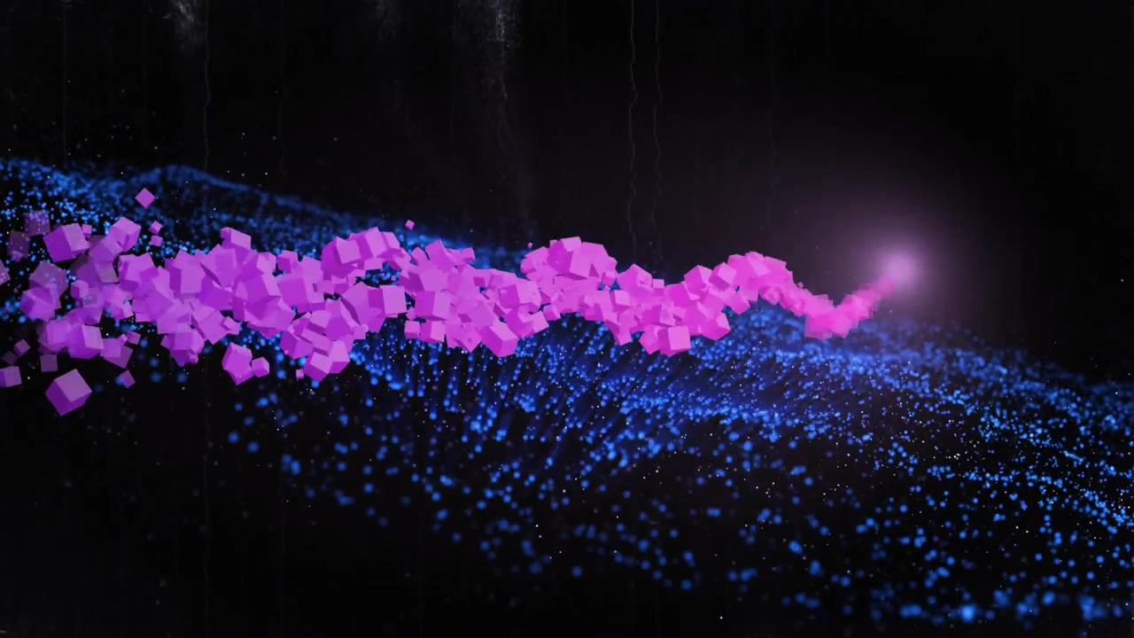 Blue particles rippling while magenta cubes emerging from right, creating contrast, smoothing waves
