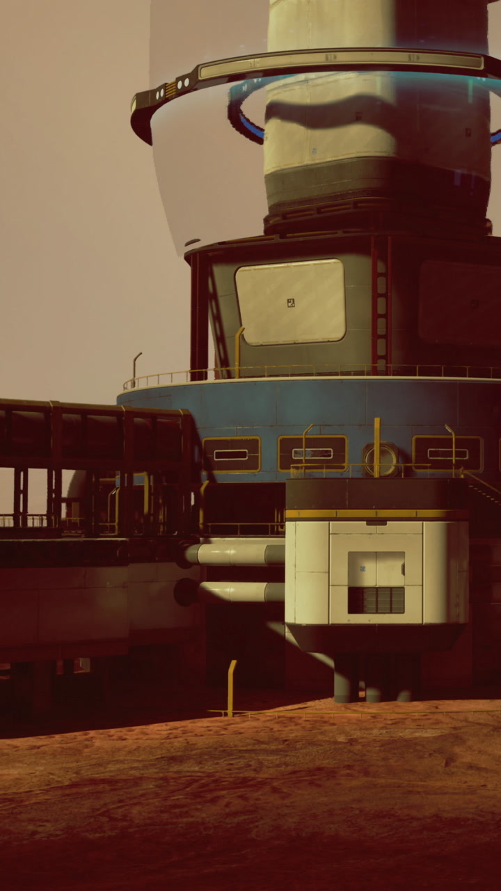 Rocket platform stands on the surface of another planet with machinery
