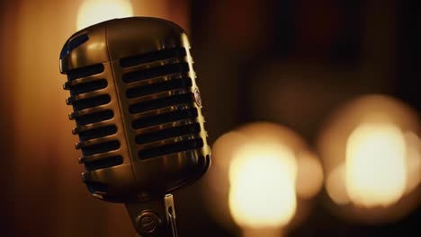 a stunning vintage microphone captured in two frames, highlighting its shine and elegant design against a softly lit background that evokes retro charm