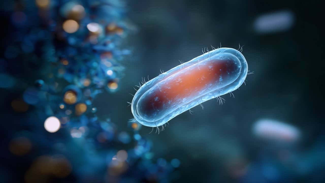 Close-up View of a Bacterium Floating in an Abstract Microbial Environment with Colorful Particles and a Glowing Background, Illustrating Microscopic Life