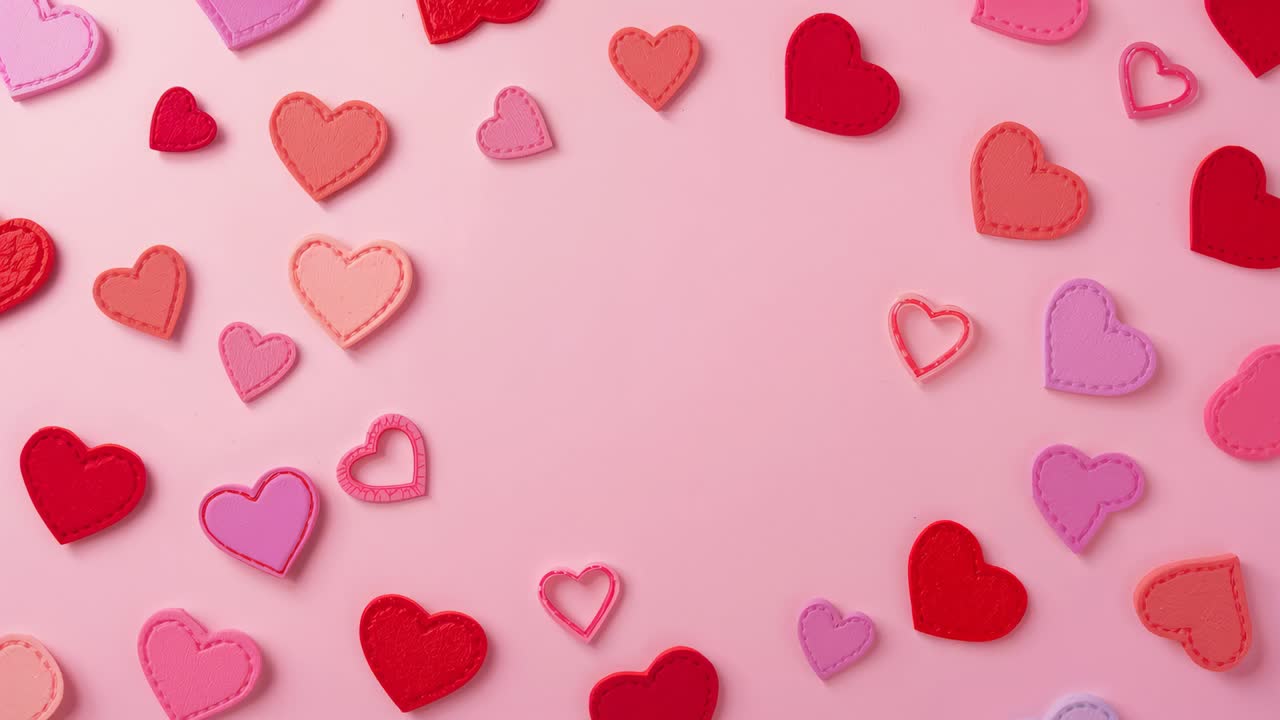 Cuori cuciti che si spostano stringendosi verso l'interno con sequenza che crea una pila compatta su un tappetino rosa
