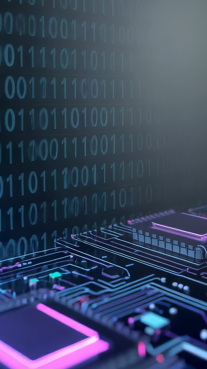 Vertical video: Streaming binary data, camera panning over neon PCB zooming on glowing microchip