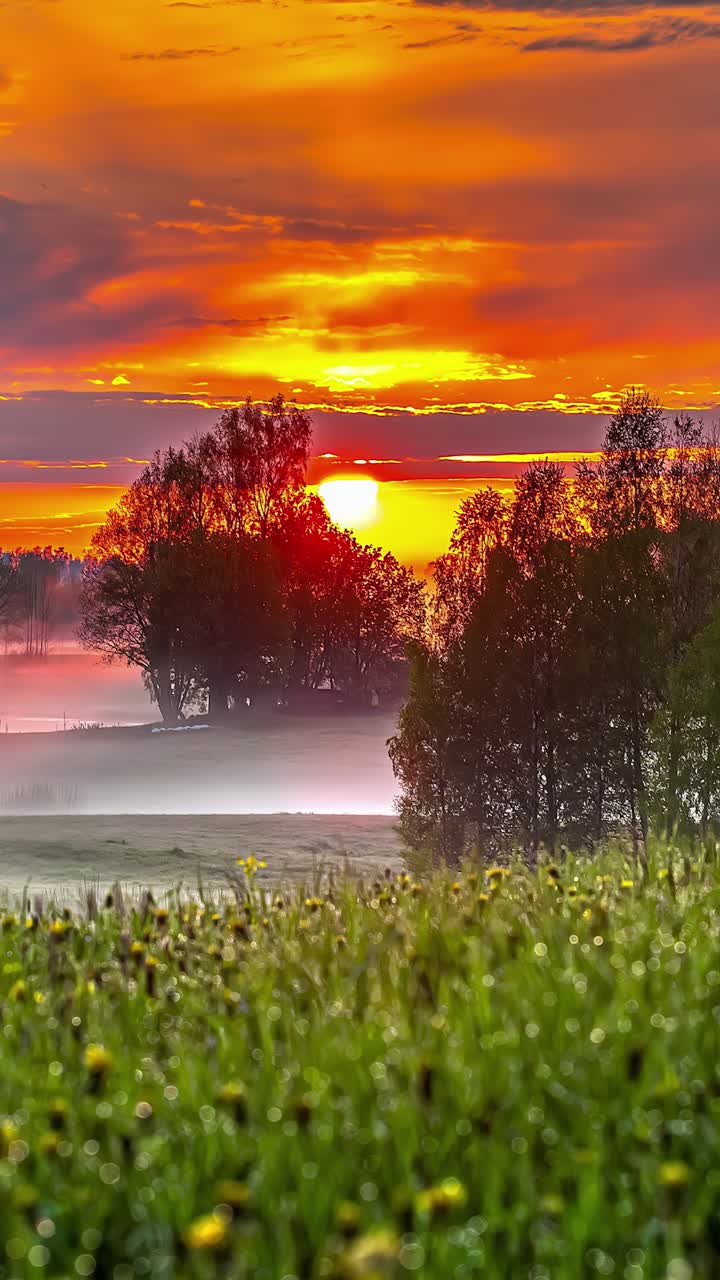 Serene sunrise over a misty morning rural landscape countryside vertical video