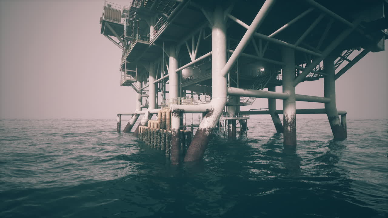Old oil platform rising from the ocean at dusk with sturdy supports visible