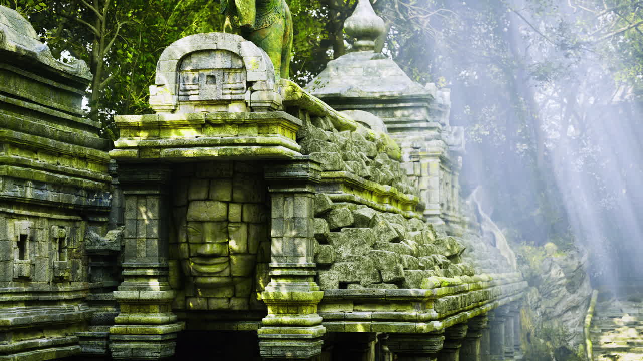 Ancient temple ruins surrounded by lush greenery and sunlight at dusk