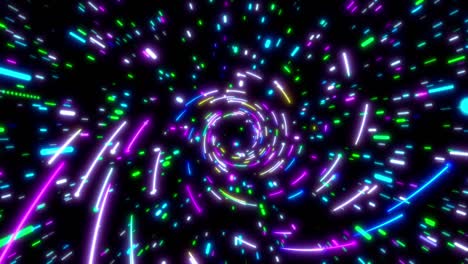 líneas de neón brillantes túnel. azul rojo rosa y violeta iluminación de colores. bucle sin costuras animación 4k para club nocturno