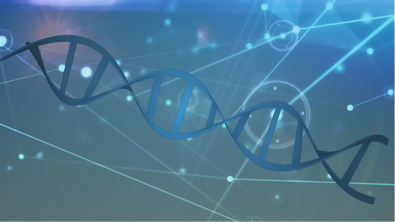 Animation of dna strand, connections and data processing over dark background
