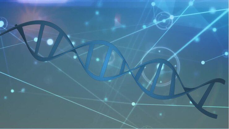Animation of dna strand, connections and data processing over dark background