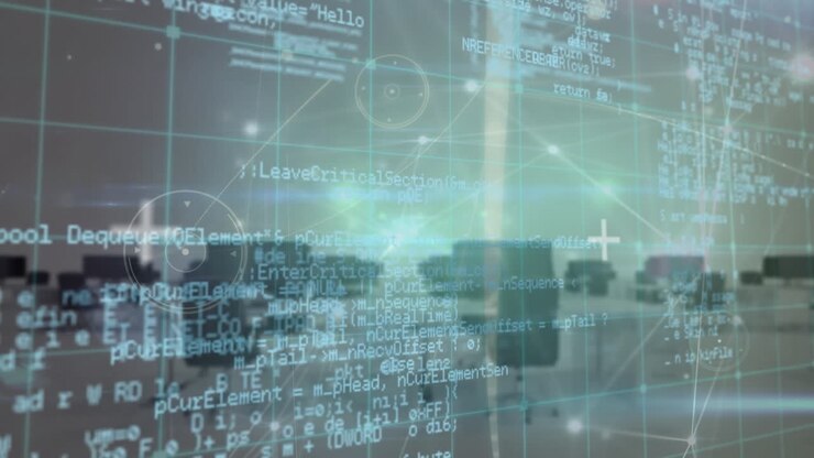 Animation of glowing network of connections and data processing over grid network against office