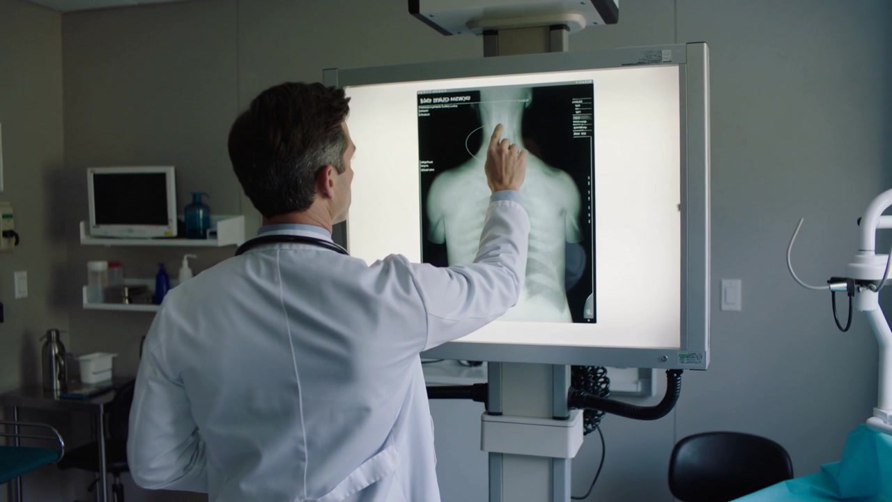 Viewing white-coated clinician tracing upper spine seeing illuminated X-ray in clinic for exam