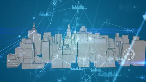 Animation-Des-Verbindungsnetzwerks-über-Der-Digitalen-Stadt-Auf-Blauem-Hintergrund