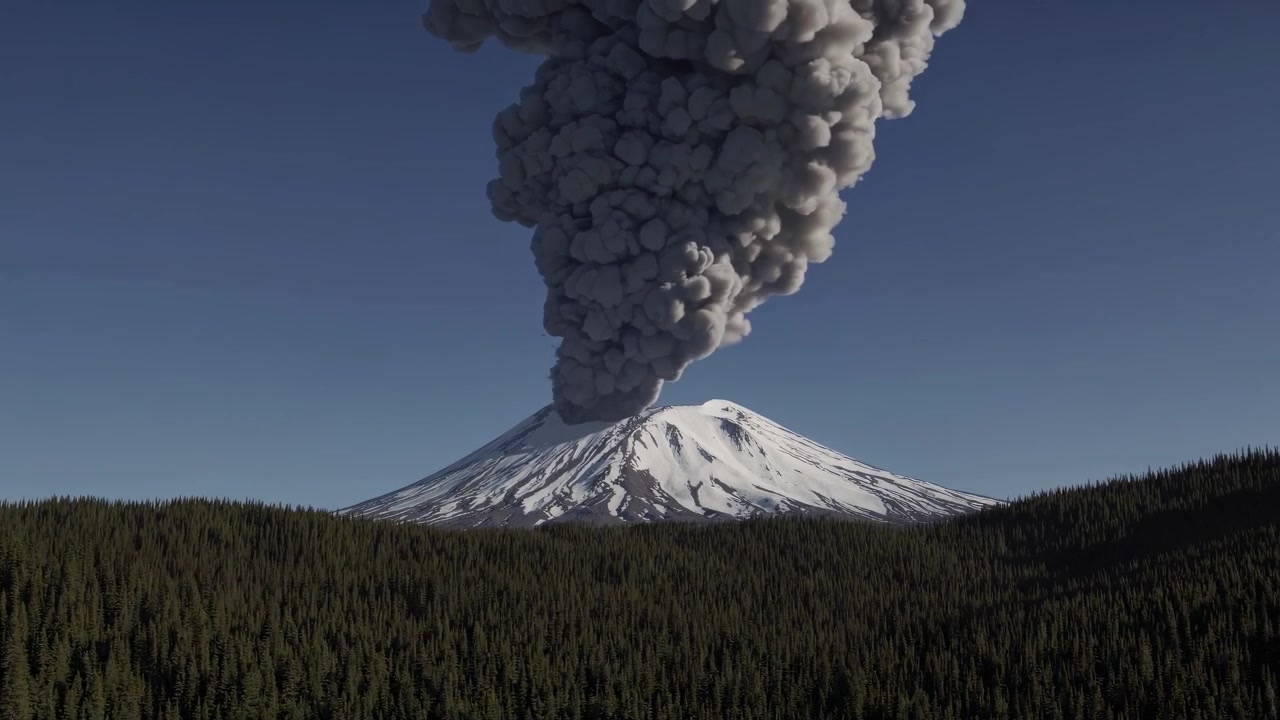 Volcanic Eruption with Ash Plume Rising Above Snow-Capped Mountain