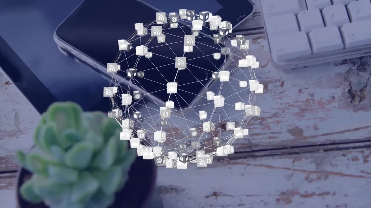 사무실 책상 에 대항 한 디지털 아이콘 의 세계