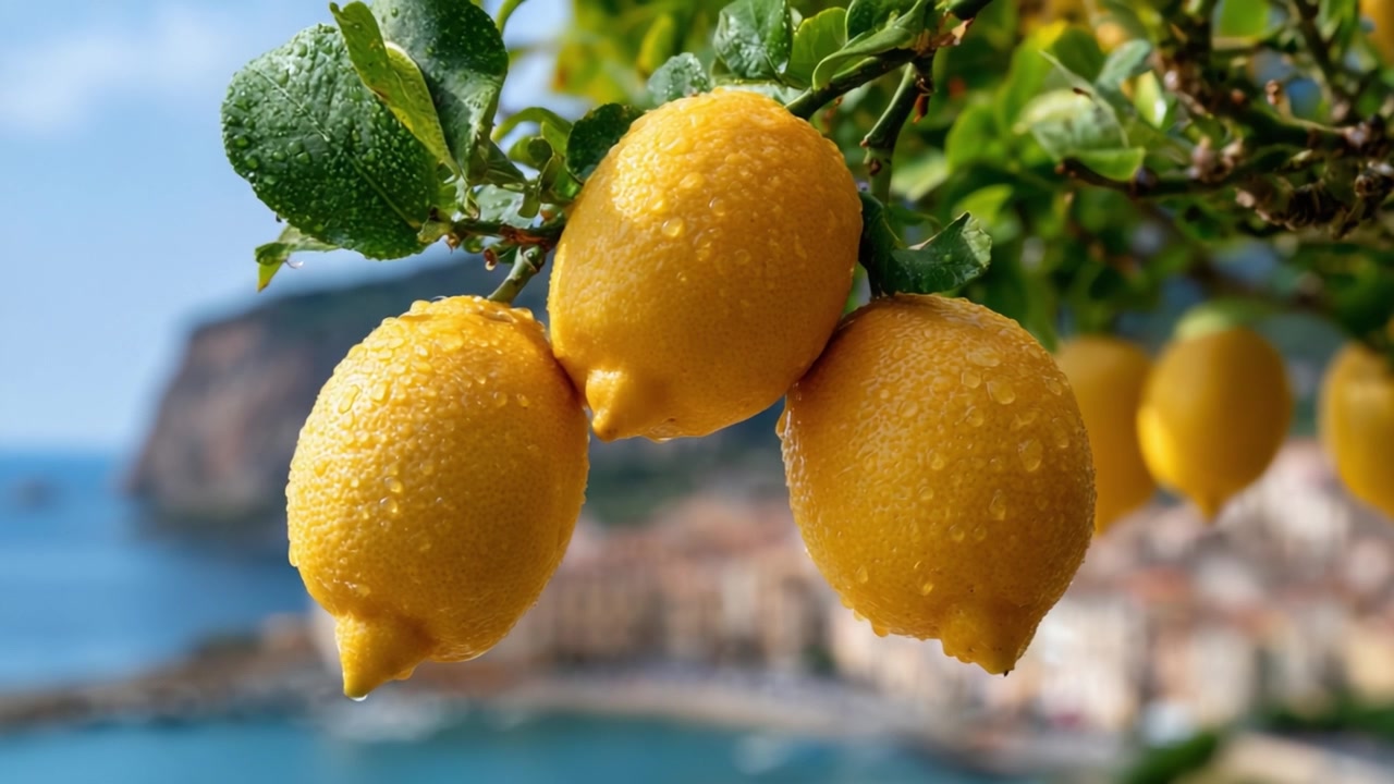 Primo piano di limoni freschi e succosi circondati da lussureggianti foglie verdi, che mostrano goccioline d'acqua sulla loro buccia giallo brillante contro uno splendido sfondo costiero.