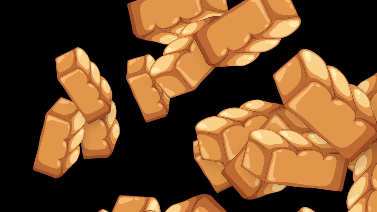 Cartoon bakery items burst and float across a black background in a dynamic 2D animation.
