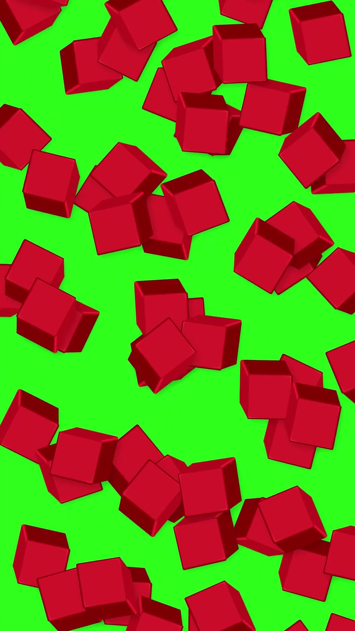 Red geometric cubes fall continuously against a bright green screen background in vertical orientation.