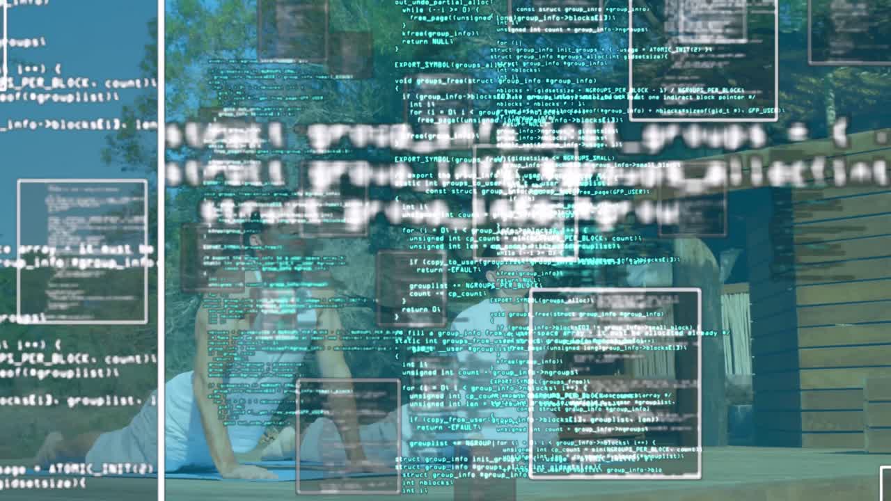 animación de datos en marcos flotando sobre el estiramiento de la pareja caucásica