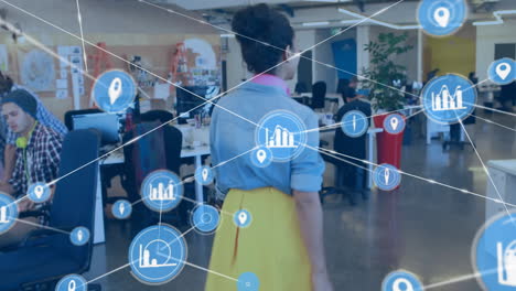 animation of network of connections with icons over diverse colleagues discussing work and walking