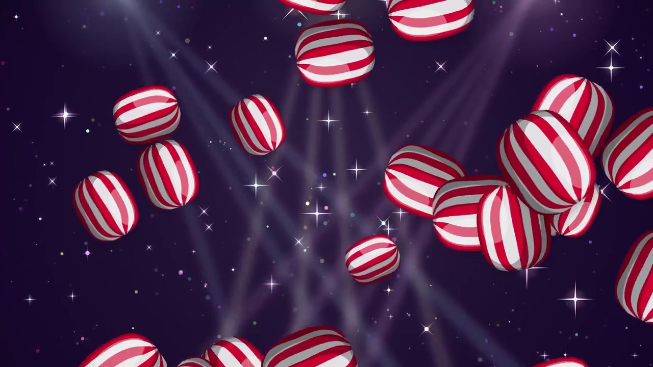 Animated red and white striped candies float and burst across a dark glittering starry background.