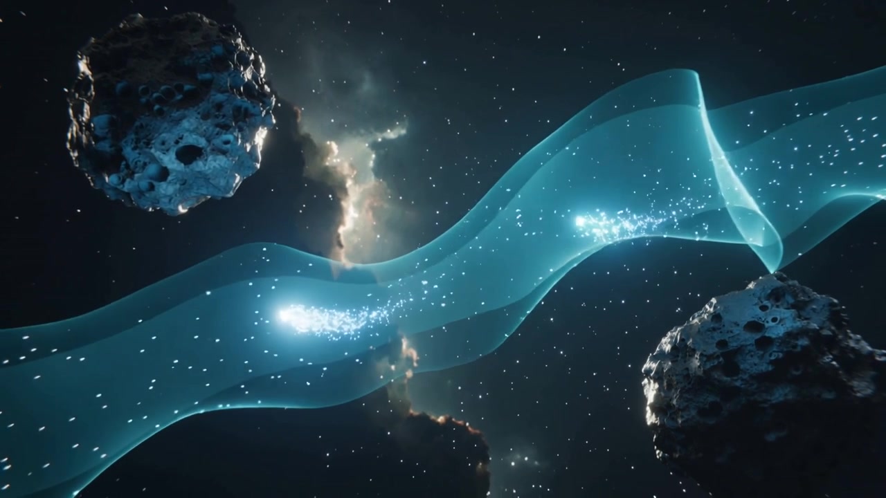 Rippling translucent blue ribbon carrying bright particle cluster along nebula toward left asteroid