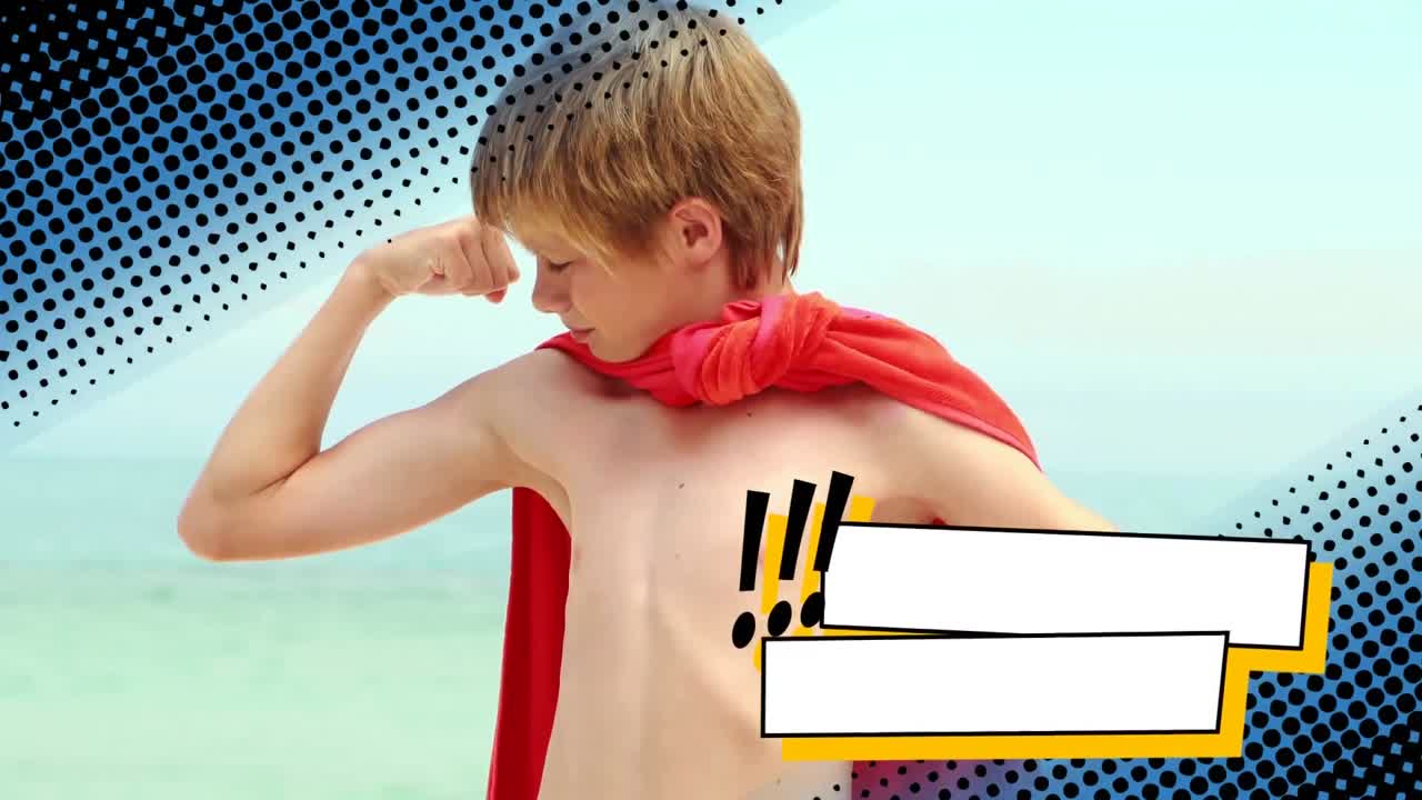 작은 아이가 케이프를 입고 비 ⁇ 스를 보여주고 있습니다.