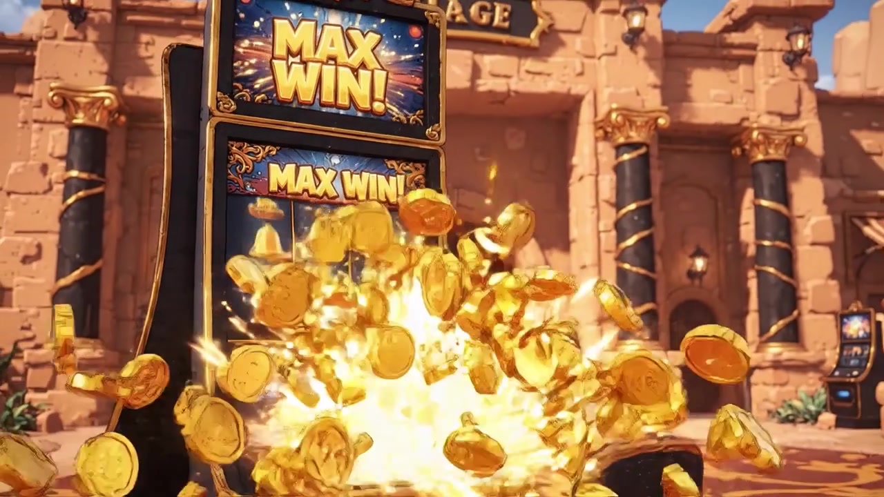 Emozionante vittoria alla slot machine con MAX WIN, con campane dorate e simboli colorati in un incantevole paesaggio da casinò.