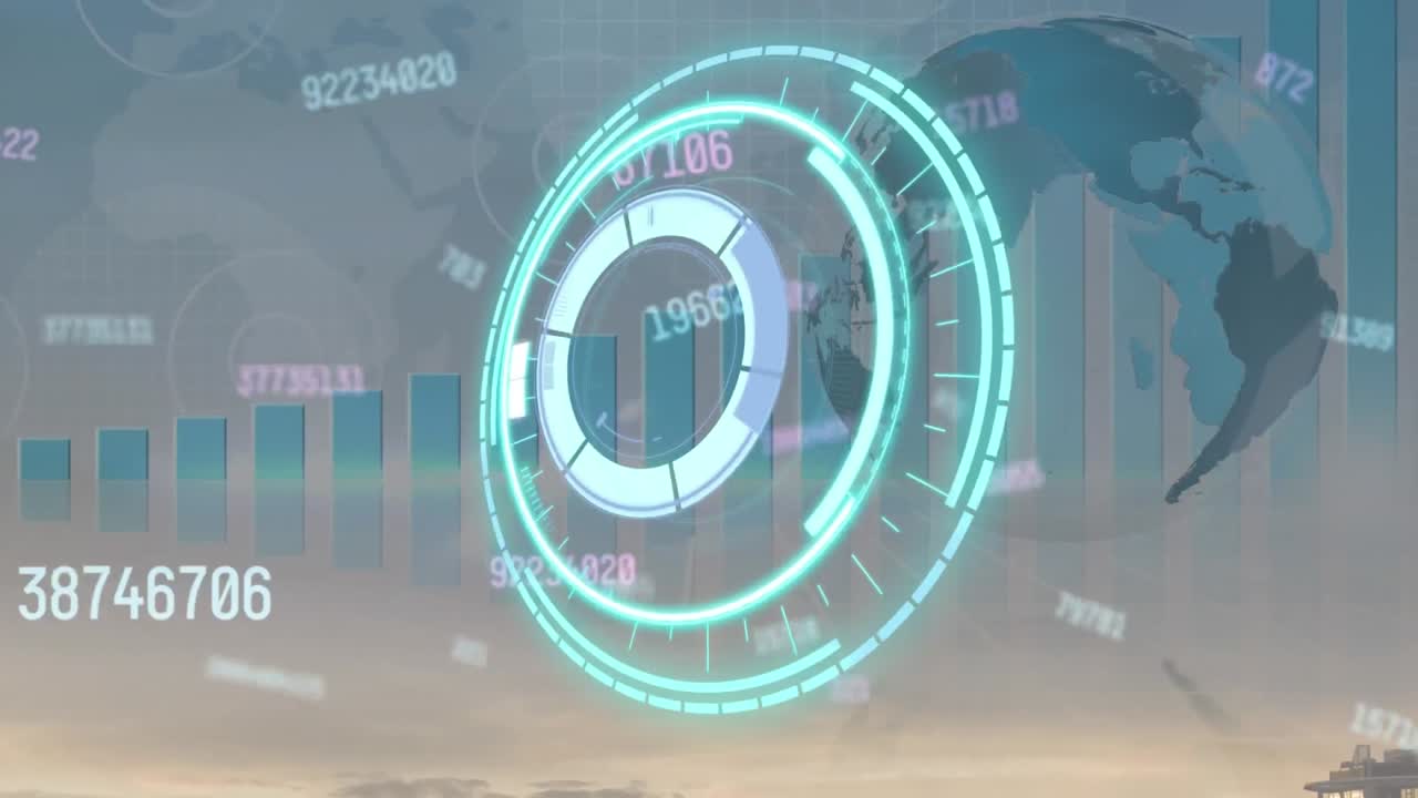 Animation of safe lock rotating over graph, globe and data processing, on dark background