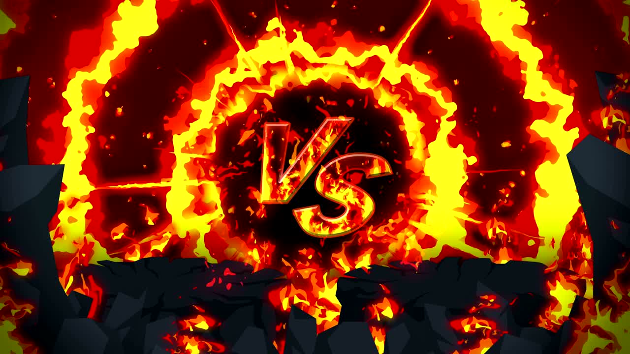 만화 화재 애니메이션. 불꽃 루프 배경. 경쟁. 전투 게임. 아이콘에 대항. 아이콘과 대결.