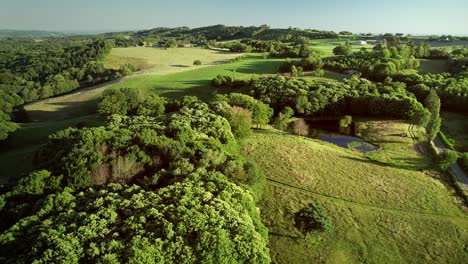 aerial view of rolling hills and straw bales.