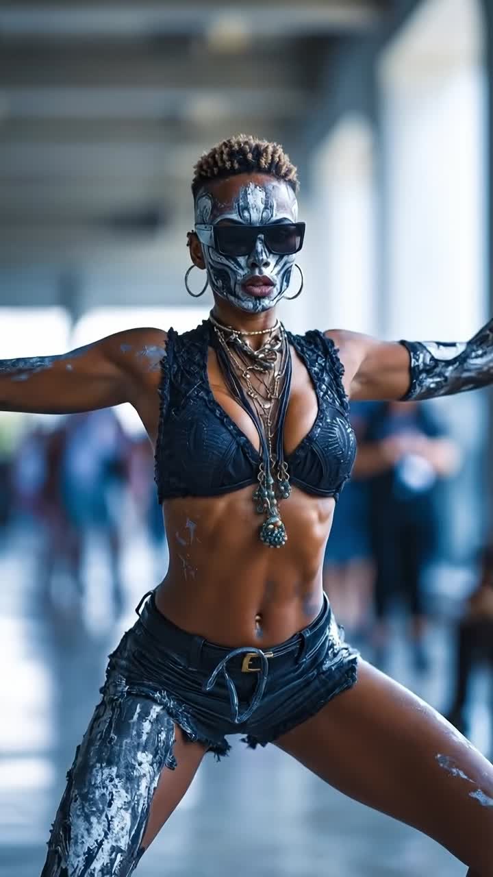 Robusta cyborg femminile in abbigliamento streetwear urbano con pittura facciale e braccio bionico