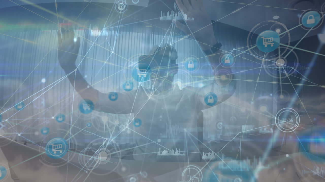 연결 네트워크의 애니메이션과 구름이 가득한 하늘에서의 데이터 처리