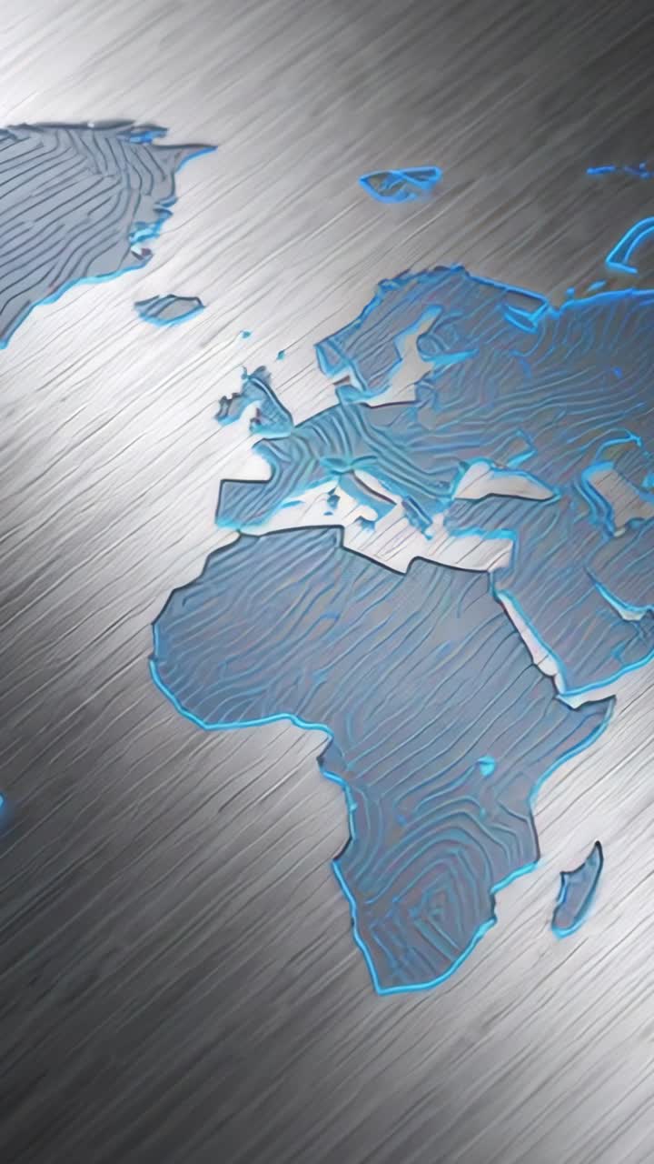 Vertical video: Metallic world map fading under sweeping light on steel neon-blue outlines pulsing