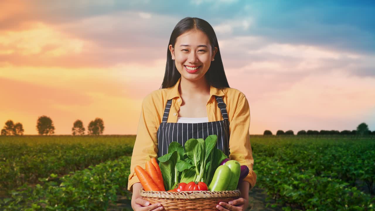 신선 한 채소 바구니 를 가진 여자 농부