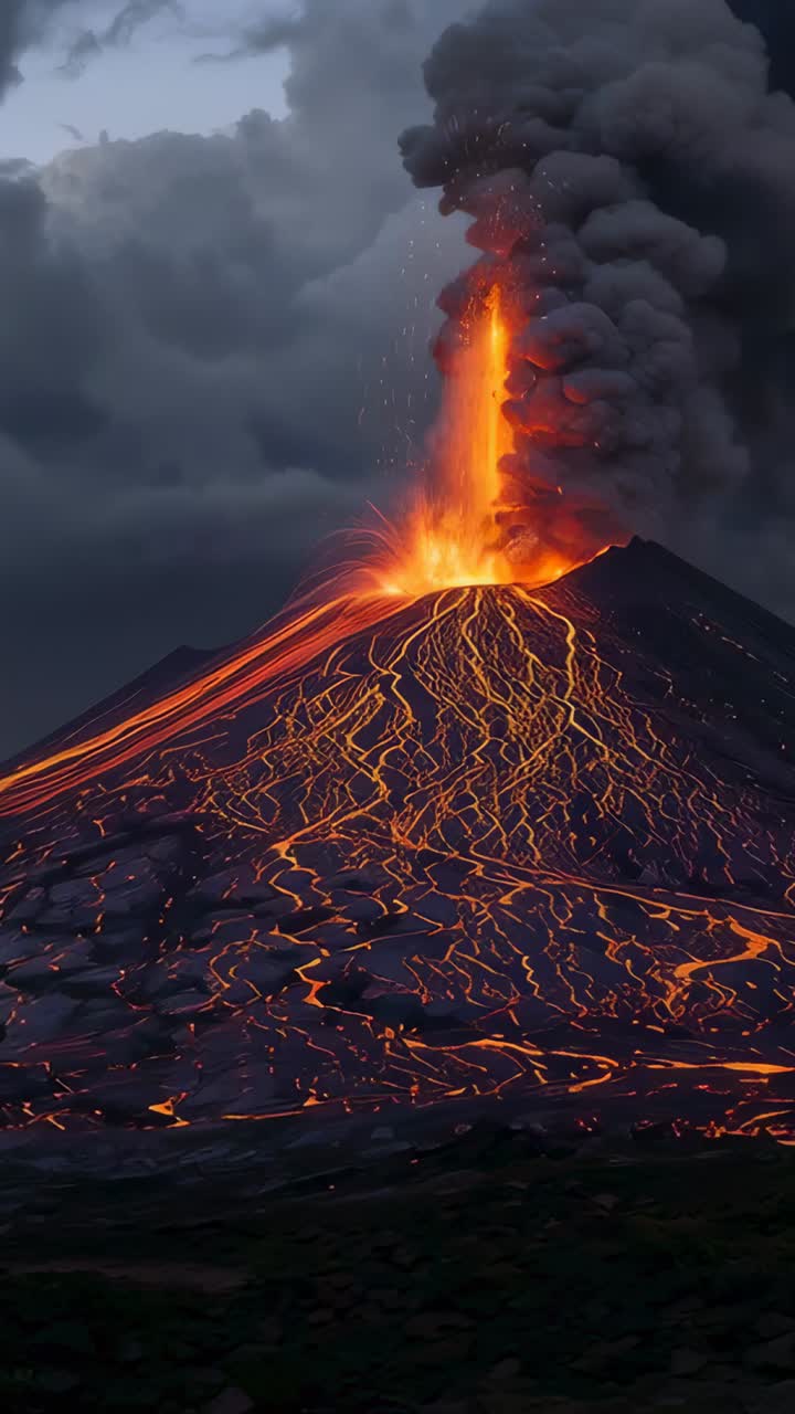 Video verticale: apertura di uno sfiatatoio sommitale che emette una fontana di lava e colate lungo il pendio del cono, con pennacchio di cenere
