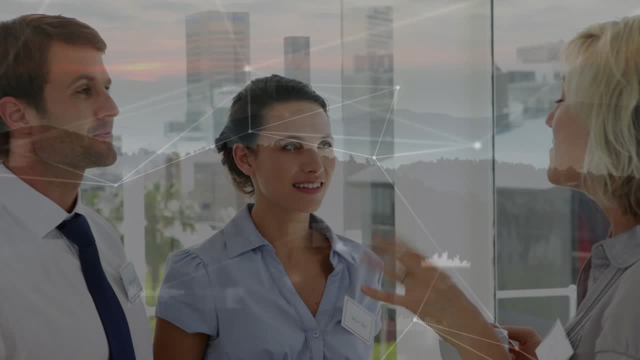 Animation of landscape and networks over business people in office