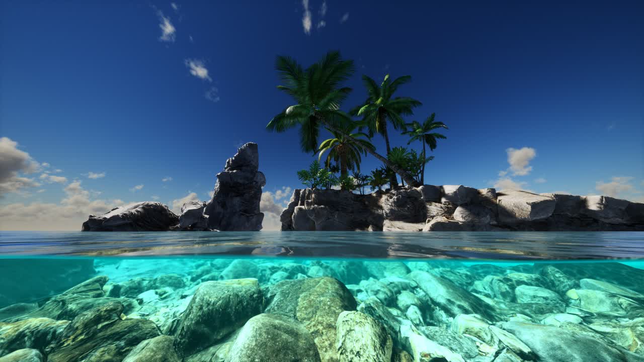 vista dividida de la sección transversal de agua de mar y palmeras en la isla