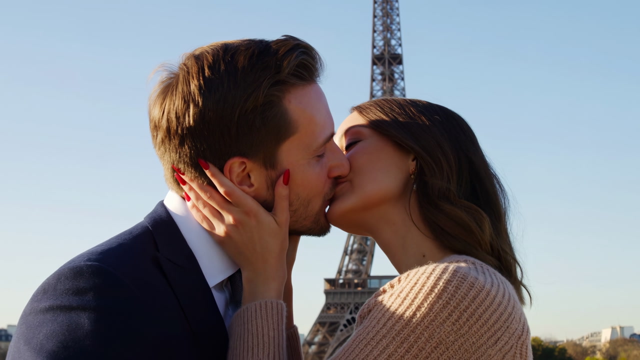 White Couple Kissing At Eiffel Tower, Man In Suit Portraying Businessman And Woman In Knit Sweater As Traveler