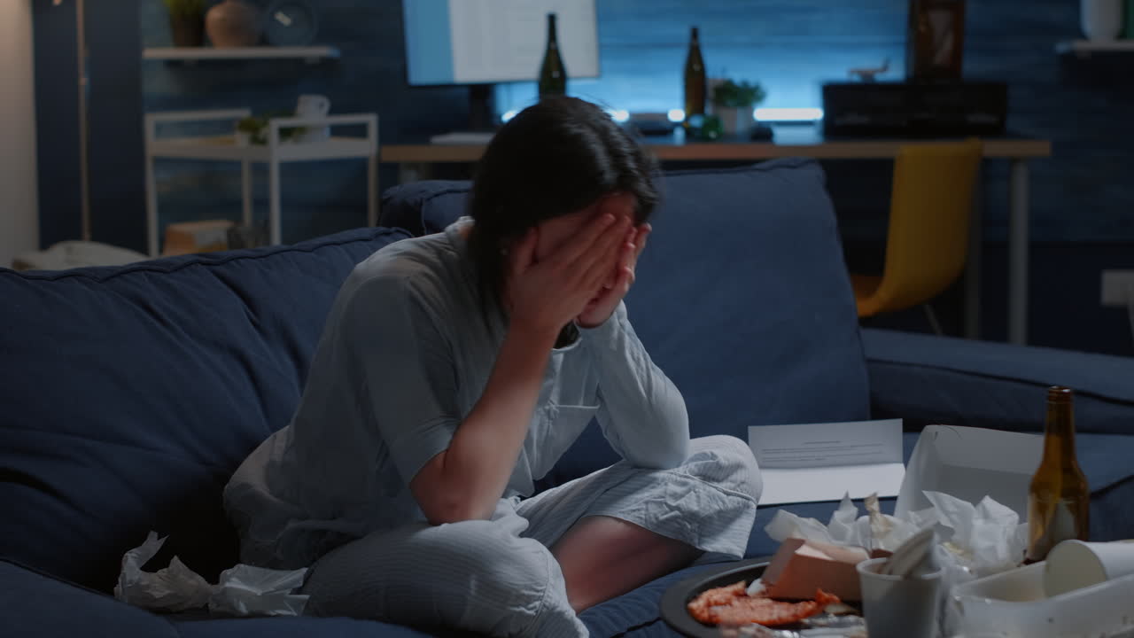 Traumatised, frustrated woman opening eviction notice suffering a shock