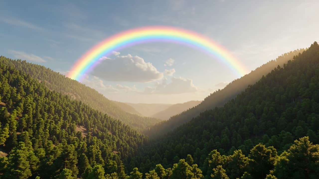 A Majestic Rainbow Arches Over Serene Green Mountains, Illuminated by Gentle Sunlight, Creating a Tranquil and Breathtaking Natural Landscape Scene