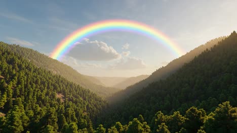 a majestic rainbow arches over serene green mountains, illuminated by gentle sunlight, creating a tranquil and breathtaking natural landscape scene