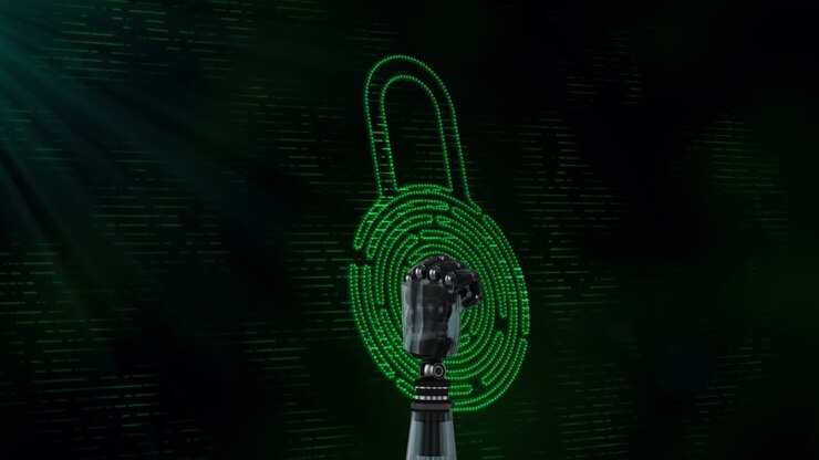 Robotic hand spinning over security padlock icon against black background