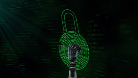 mano robótica girando sobre el icono del candado de seguridad contra un fondo negro