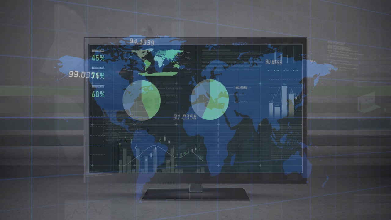animación del procesamiento de datos financieros y el mapa del mundo en la pantalla de la computadora