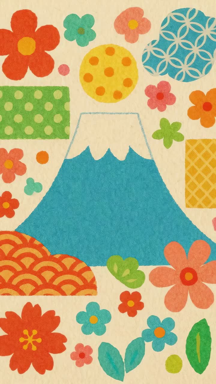Colorful flat illustration of Mount Fuji surrounded by flowers and patterns, top-down angle