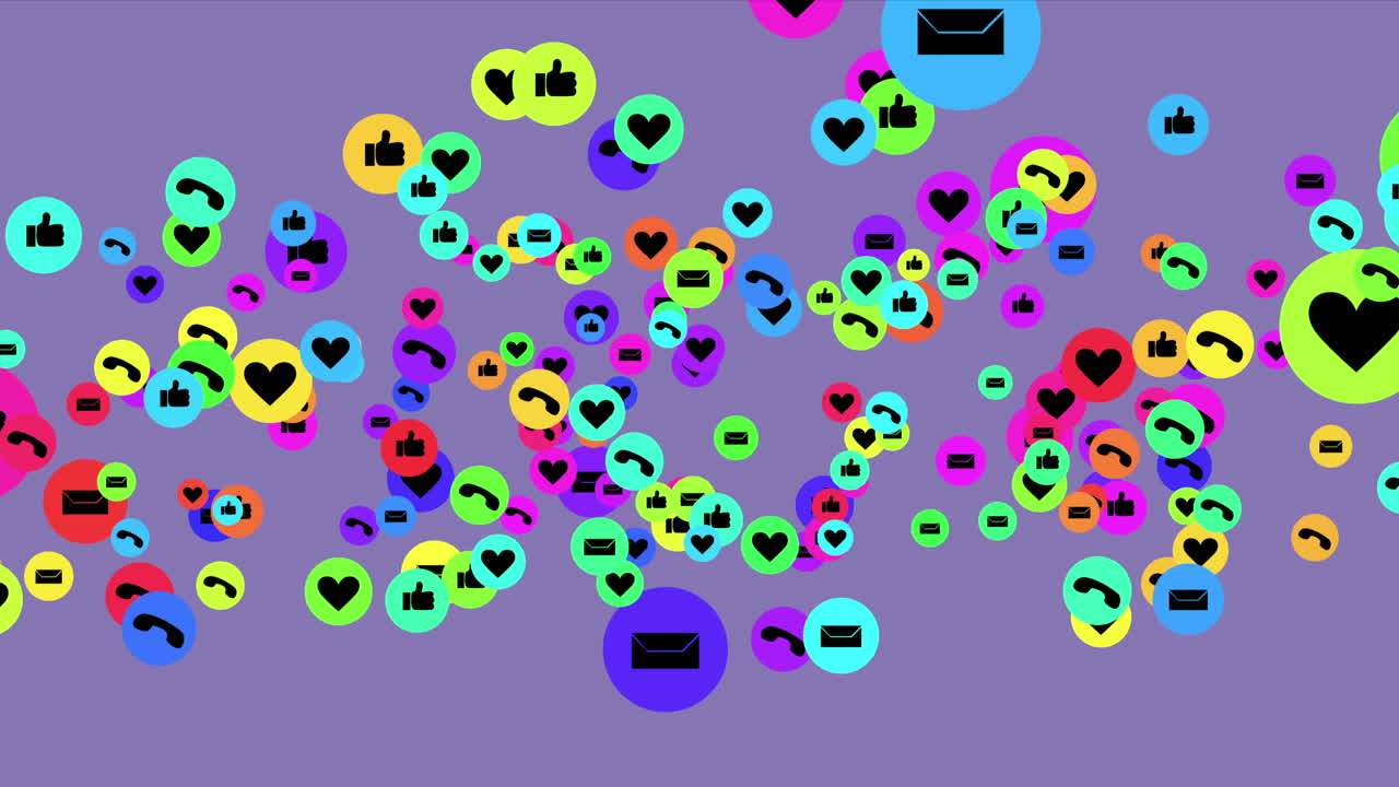 Loop grafico animato di icone di cuori, mi piace e mail che si muovono su uno schermo viola. Perfetto per il marketing di app mobili e contenuti di comunicazione digitale