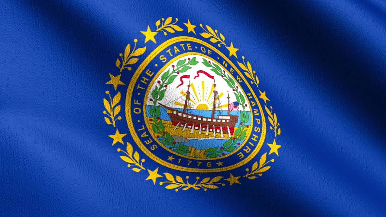 Loop continuo 4K VDO. Bandiera dello stato del New Hampshire negli Stati Uniti d'America, USA, che sventola al vento, isolata. Design astratto patriottico ufficiale. Illustrazione di rendering 3D di un simbolo che sventola.