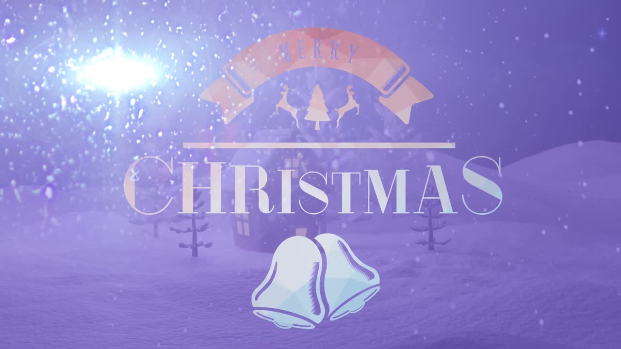 크리스마스 인사 의 애니메이션 텍스트 와 겨울 풍경 에 있는 눈 과 집 위 의 장식