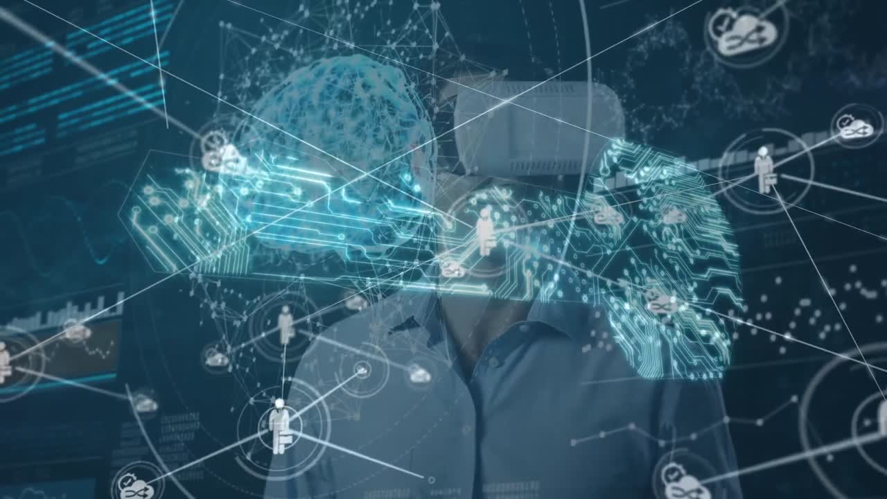 animación de datos, conexiones y llave digital sobre el hombre caucásico en auriculares vr