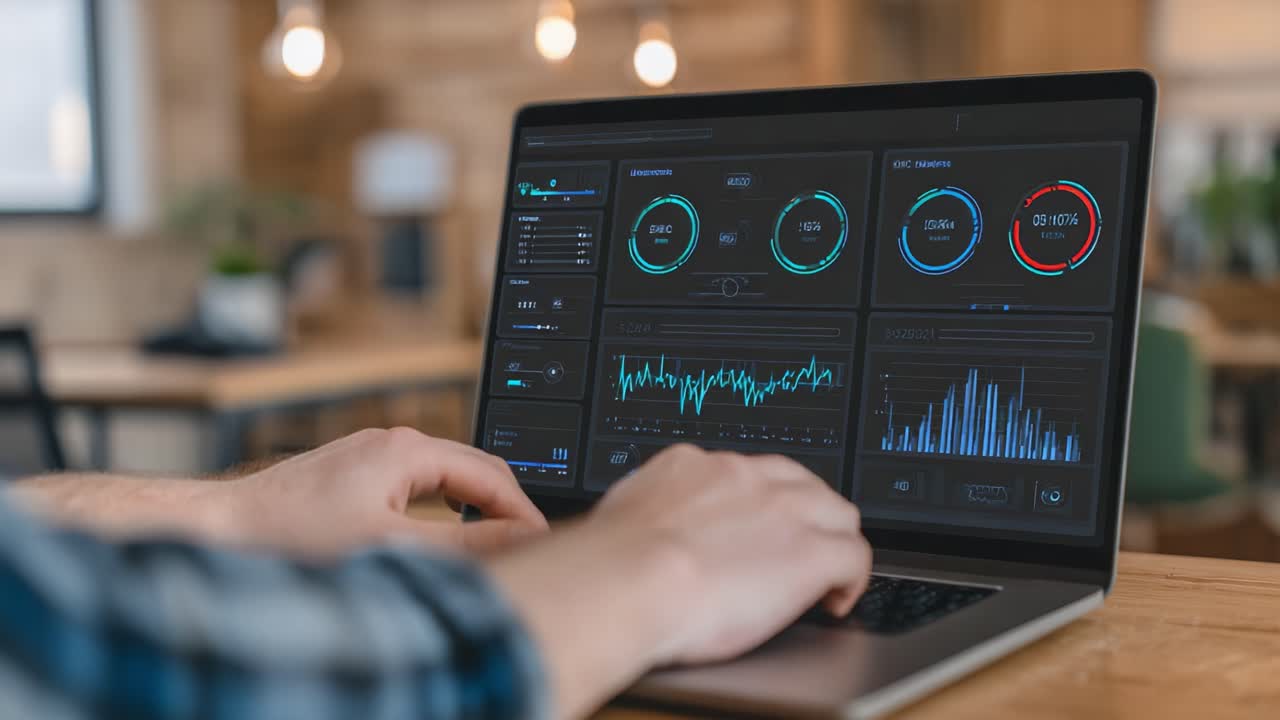 Engaged in Data Analysis: A Close-Up View of a Person Working on a Laptop with Dynamic Graphs and Real-Time Analytics in a Modern Office Environment
