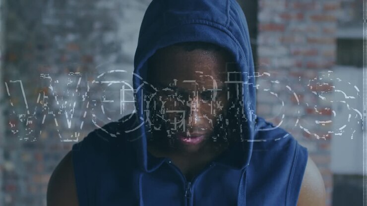 Animation of fight text over african american sportsman at gym